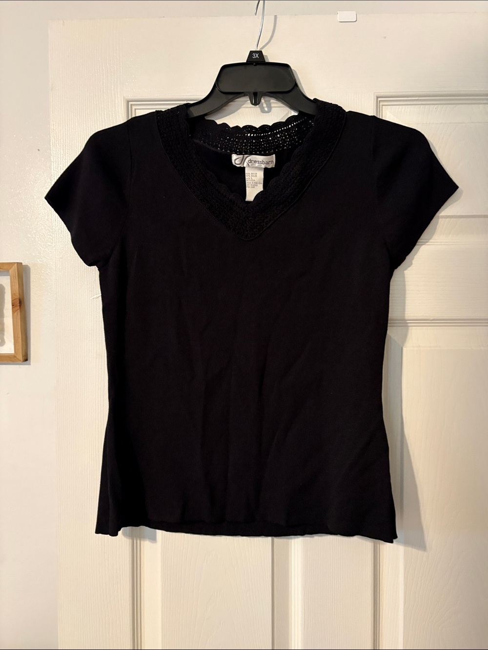 Dress Barn Black Short-Sleeve V-Neck Top with Lace Trim